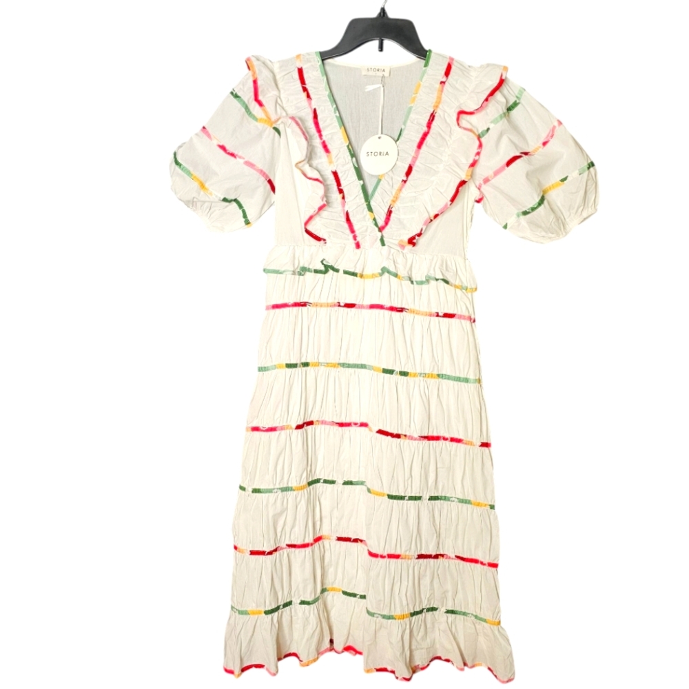 Storia Fab’rik Eve Tiered Midi Dress Puff Sleeves Ruffles Lined White Pink S NWT